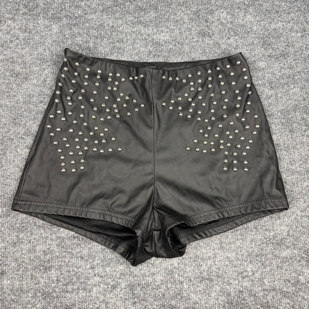 Black Studded Faux Leather High Waisted Shorts Zipper Grunge Pink Size 6 Medium
